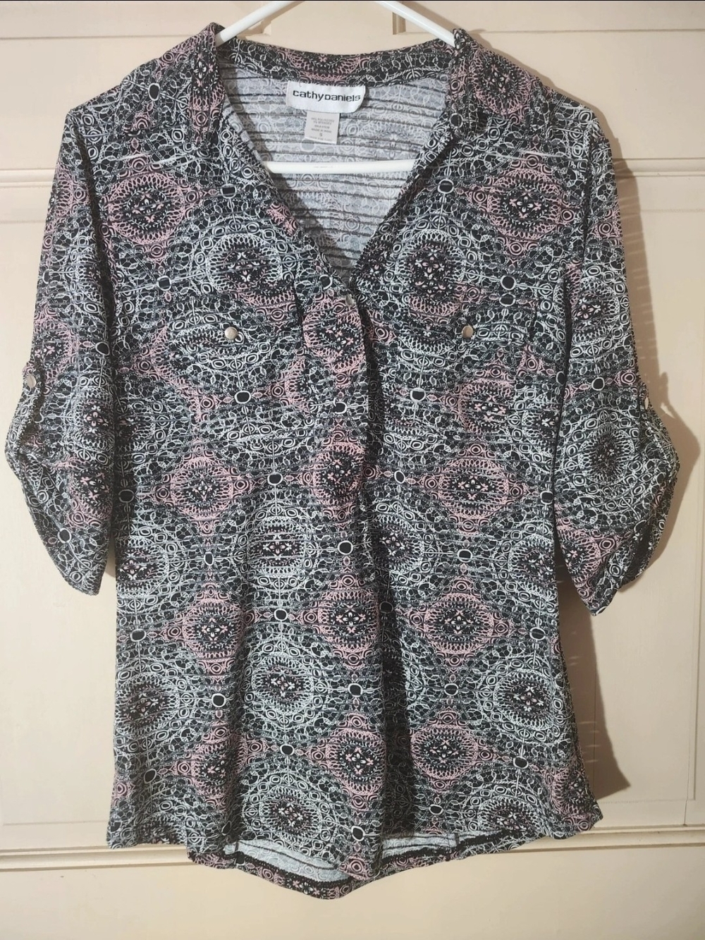 Cathy Daniels Black and Pink Printed Half Button Up Blouse